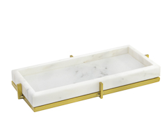 Bandeja marmore cinza/ branco com base metal dourado 32x15x04cm