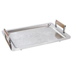 Bandeja martelada inox com madeira 48x37x10cm